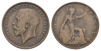 Великобритания 1 пенни 1918 H, Георг V (1910-1936) KM 810, Spink 4052 бронза 4661-611