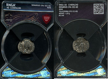 Римская Империя денарий 196-202 Юлия Домна, жена Септимия Севера, IVLIA AVGVSTA, бюст императрицы/IVNO REGINA, Юнона, Лаодикея Приморская, в слабе RNGA - AU RIC 640 серебро 15-004-04