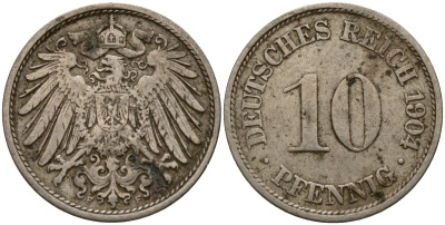 Германия 10 пфеннигов 1904 F KM 12, J. 13 медно-никель 4156-431