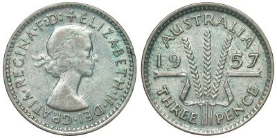 Австралия 3 пенса 1957 m, Елизавета II (1953-) KM 57 серебро 71-527