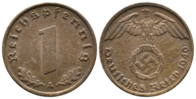 ГЕРМАНИЯ 1 РЕЙХСПФЕННИГ 1940 A KM 89, J. 361 бронза 71-1514