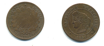 ФРАНЦИЯ 5 САНТИМОВ 1897 A, ТРЕТЬЯ РЕСПУБЛИКА (1871-1940) KM 821.1, LE FRANC 118.41 бронза 84-527