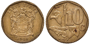 ЮАР 10 центов 1996 KM 161 сталь плакированная латунью 4164-514