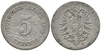 Германия 5 пфеннигов 1875 C, старогербовка KM 3, Jager 3, Weege 5 медно-никель 39-325