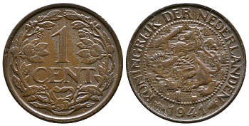 НИДЕРЛАНДЫ 1 ЦЕНТ 1941 ВИЛЬГЕЛЬМИНА (1890-1948) KM 152 бронза 3999-216