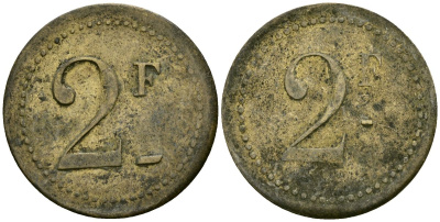 Франция 2 франка XIX-XX век ресторанный жетон латунь 4166-946