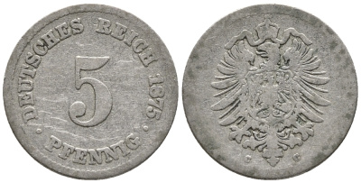 Германия 5 пфеннигов 1875 C, старогербовка KM 3, Jager 3, Weege 5 медно-никель 39-325