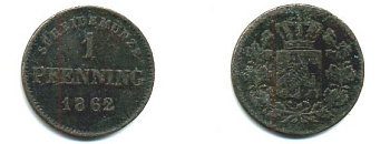 Бавария 1 пфенниг 1862 медь 62-2745