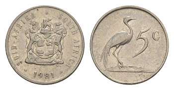 ЮАР 5 центов 1981 герб, райский журавль KM 84 никель 4598-113