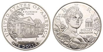 США 1 доллар 1999 P, Долли Мэдисон KM 298 серебро PROOF 11-267-22