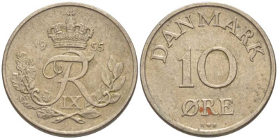 ДАНИЯ 10 ЭРЕ 1955 N; S, ФРЕДЕРИК IX (1947-1972) KM 841.1 медно-никель 4387-734