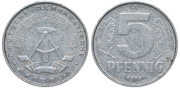 ГДР 5 ПФЕННИГОВ 1975 A KM 9.1 алюминий 62-311