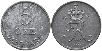 ДАНИЯ 5 ЭРЕ 1951 N; S, ФРЕДЕРИК IX (1947-1972) KM 843.1 цинк UNC 32-535