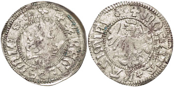 Польша 1/2 гроша (полугрош) 1445-1492 Казимир IV династия Ягеллонов (1442-1495), вес 1,29 гр., под короной МК Gum. v451 серебро 1517-524