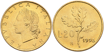 Италия 20 лир 1995 R, дубовый лист KM 97.2 алюминиевая бронза  UNC  4594-1012
