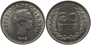 Колумбия 20 сентаво 1973 KM 246.1 сталь плакированная никелем 4529-756