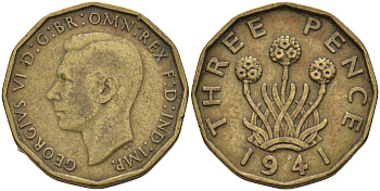 Великобритания 3 пенса 1941 Георг VI (1936-1952) KM 849, Spink 4112 никель латунь 4603-154