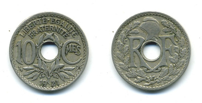 Франция 10 сантимов 1921 тип Линдайё KM 866a, Le Franc 138.3 медно-никель 84-337