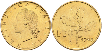 Италия 20 лир 1995 R, дубовый лист KM 97.2 алюминиевая бронза  UNC  4594-1012
