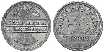 Германия 50 пфеннигов 1922 E KM 27, J. 301, Weege 10 алюминий 4121-1143