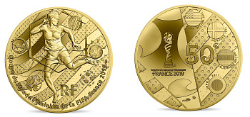 Франция 50 евро 2019 Чемпионат мира по футболу среди женщин, FIFA, Тип 3, оригинальная коробка, сертификат KM NEW золото PROOF 8-1-03-05