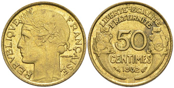 ФРАНЦИЯ 50 САНТИМОВ 1932 ТИП MORLON, OPEN 9, С ЯГОДОЙ KM 894.1, LE FRANC 192.7 алюминиевая бронза 44-716