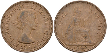 Великобритания 1 пенни 1962 Елизавета II (1952-2022) KM 897, Spink 4157 бронза 4574-214