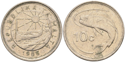 Мальта 10 центов 1986 золотая макрель KM 76 медно-никель 4588-159