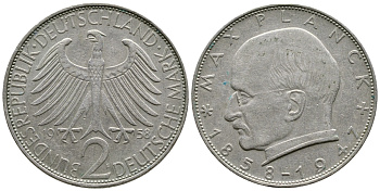 ФРГ 2 марки 1958 F, Макс Планк KM 116, J. 392 медно-никель плакированный никелем 4364-1926
