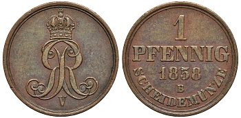 Ганновер 1 пфенниг 1858 B, Георг V KM 233, AKS 156, J. 90 медь 4594-161