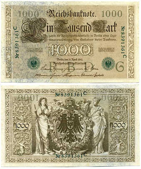 ГЕРМАНИЯ 1000 МАРОК 1910 21 АПРЕЛЯ 1910, ЗЕЛЁНАЯ ПЕЧАТЬ, СЕМИЗНАЧНЫЙ НОМЕР Pick 45b бумага 7198-30-2-1