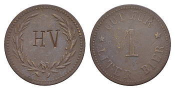 Германия жетон 1 литра пива с отметкой HV, диаметр 22 мм, вес 2,4 гр бронза 4655-669