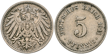 Германия 5 пфеннигов 1911 A KM 11, J. 12, Weege 6 медно-никель 08-1459
