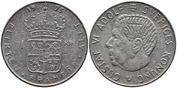 Швеция 1 крона 1973 Густав VI Адольф (1950-1973) KM 826а медь плакированная медно-никелем 4395-235