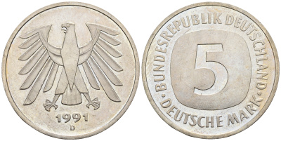 ФРГ 5 марок 1991 D, KM 140.1 , J 415 медно-никель плакированный никелем UNC 85-1156