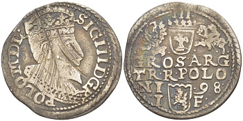 Польша 3 гроша (трояк) 1598 IF, Сигизмунд  III Ваза (1587-1632), вес 1,83 гр. KM 6, Gumowski 1085 серебро 1517-945