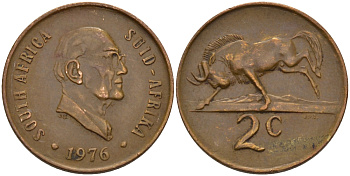 ЮАР 2 ЦЕНТА 1976 ПРЕЗИДЕНТ ЯКОБУС ЙОХАННЕС ФУШЕ, АНТИЛОПА ГНУ KM 92 бронза 67-317