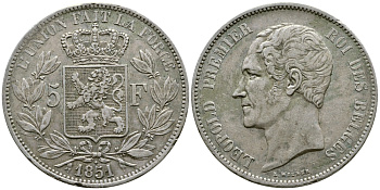 Бельгия 5 франков 1851 Леопольд I (1831-1865), точка над датой KM 17 серебро 633-441