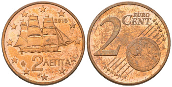 Греция 2 евроцента 2015 KM 182 сталь плакированная медью aUNC 4539-735
