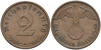 Германия 2 рейхспфеннига 1940 A KM 90, J. 362 бронза 4151-159