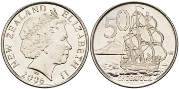 Новая Зеландия 50 центов 2006 Елизавета II (1952-2022), парусник Индевор KM 119 a никель плакированный сталью UNC 4126-1252