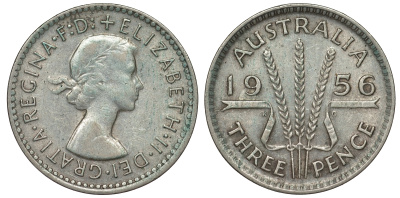 Австралия 3 пенса 1956 m, Елизавета II (1953-) KM 57 серебро 71-449