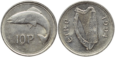 ИРЛАНДИЯ 10 ПЕНСОВ 1994 ЛОСОСЬ KM 29 медно-никель 4397-146