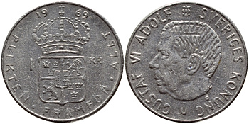 Швеция 1 крона 1969 Густав VI Адольф (1950-1973) KM 826a медь плакированная медно-никелем 4388-732