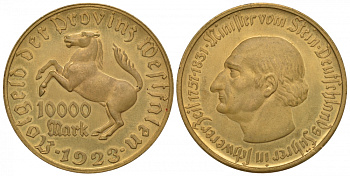 Германия, Вестфалия 10000 марок 1923 Штейн, лошадь, 44,5 мм J. N 20 a медь цинк UNC 413-1722
