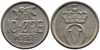 НОРВЕГИЯ 10 ЭРЕ 1969 ПЧЕЛА KM 411 медно-никель 4387-822