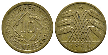 ГЕРМАНИЯ 10 РЕНТЕНПФЕННИГОВ 1924 A KM 33, J. 309, Weege 8 алюминиевая бронза 4380-931