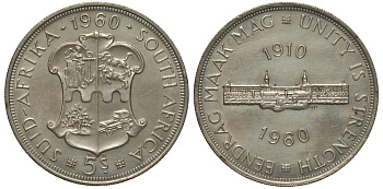 ЮАР 5 шиллингов 1960 50 лет Южноафриканскому союзу KM 55 серебро 650-243