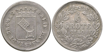 Бремен 6 гротенов 1840 KM 231 серебро 4525-127