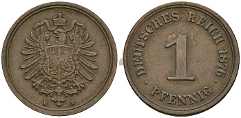 Германия 1 пфенниг 1876 D, Вильгельм I (1871-1888) KM 1, J. 1 медь 4608-549